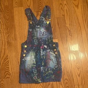 Kids Denim Skirtall Dress with Multicolor Print